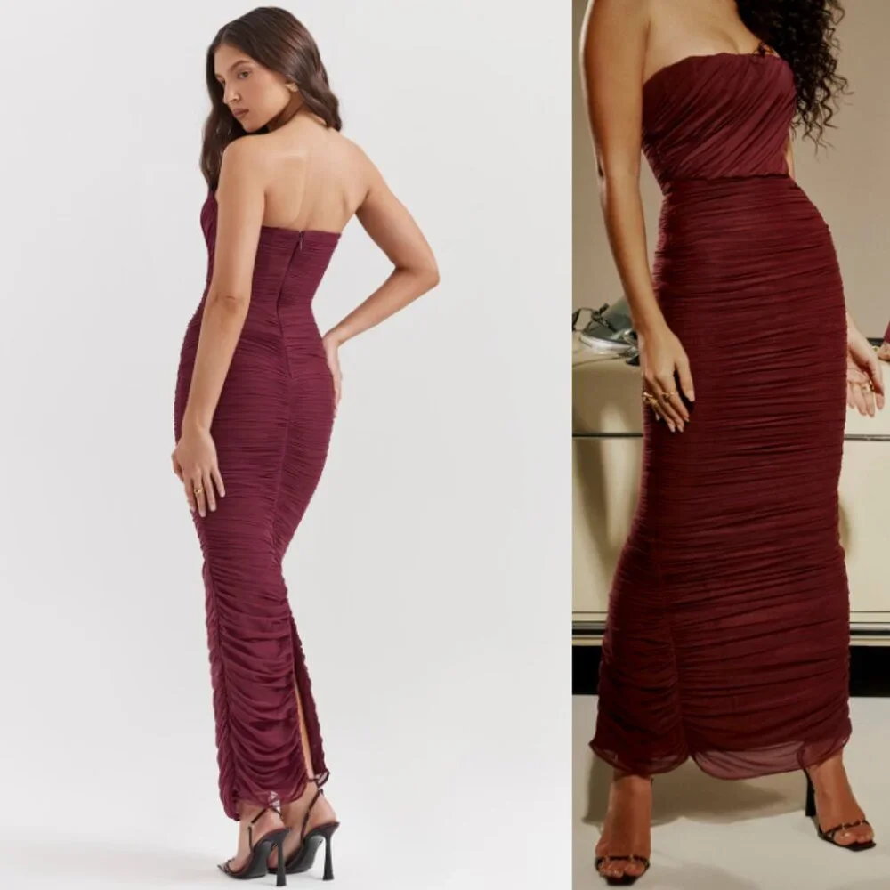 HOUSE OF CB 'Sapphire' Wine Gathered Maxi Dress NWOT - Picture 2 of 3